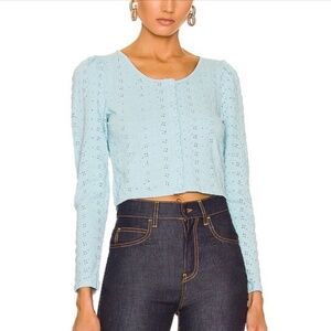 LoveShackFancy Jonah Crop Eyelet Cardigan Powder Blue Women's Size XS